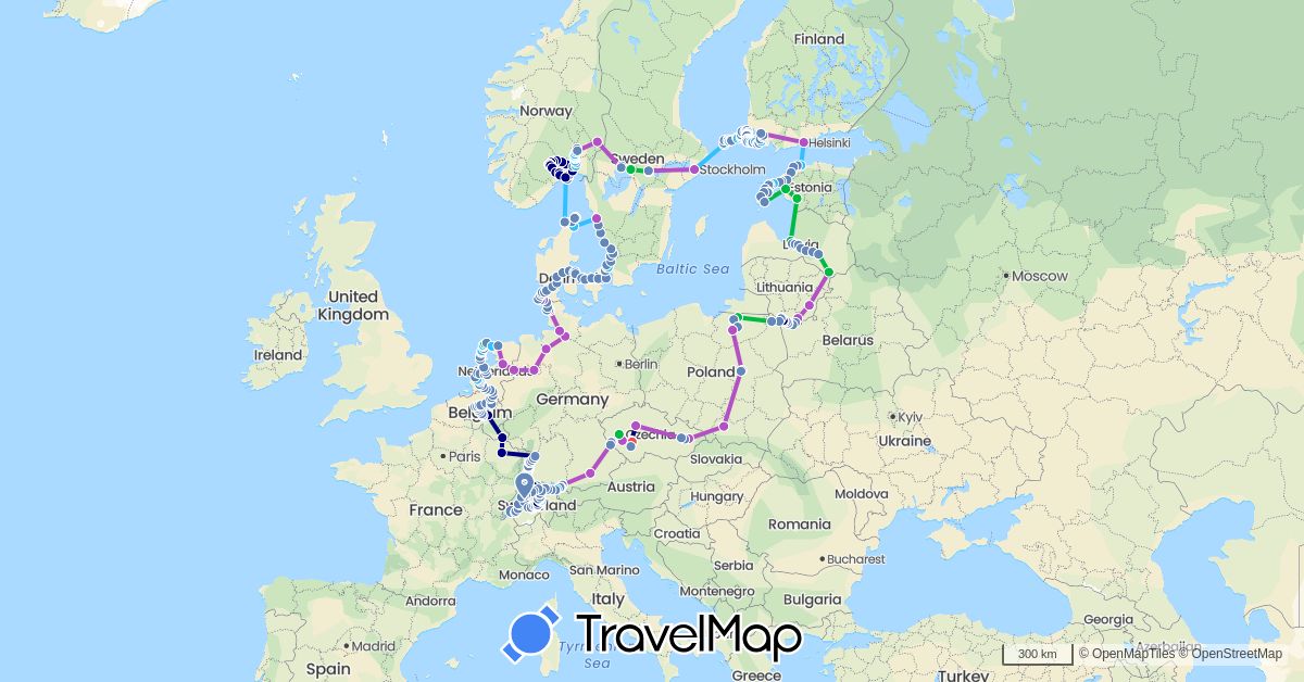 TravelMap itinerary: driving, bus, cycling, train, hiking, boat in Austria, Belgium, Switzerland, Czech Republic, Germany, Denmark, Estonia, Finland, France, Lithuania, Luxembourg, Latvia, Netherlands, Norway, Poland, Sweden (Europe)