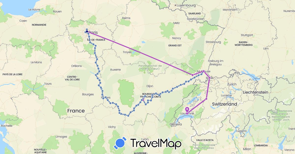 TravelMap itinerary: driving, cycling, train in Switzerland, France (Europe)