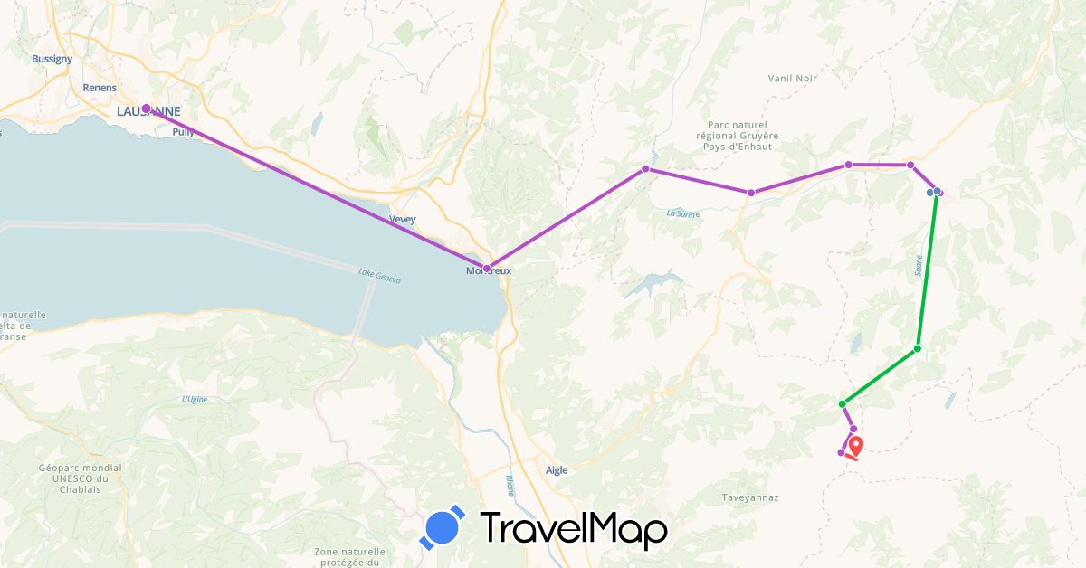 TravelMap itinerary: driving, bus, cycling, train, hiking in Switzerland (Europe)
